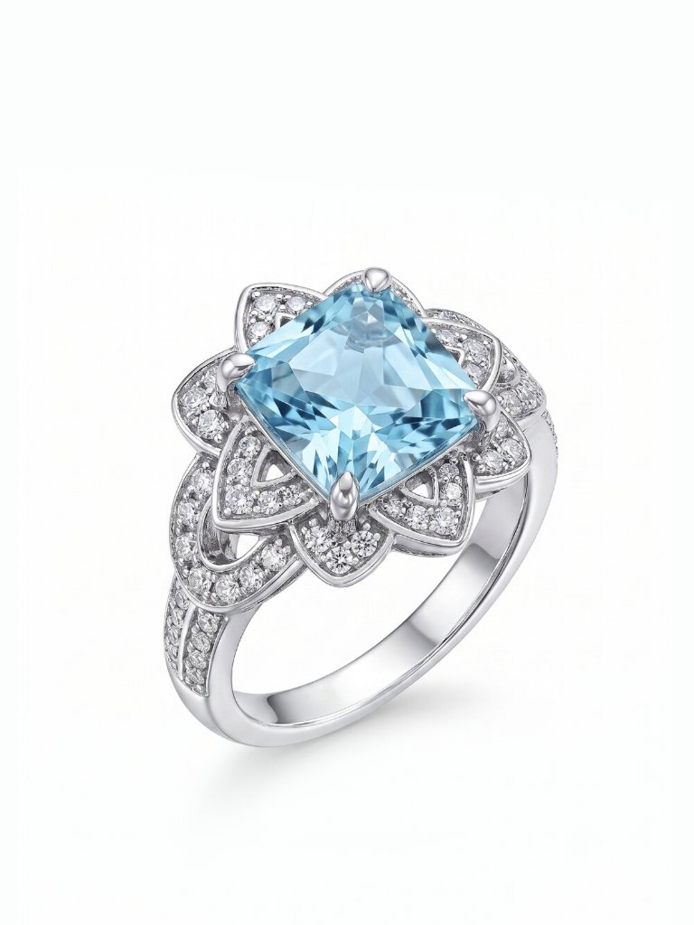 Princess Cut Floral Halo Ring - Aquamarine Blue, Liz Halston 925 Sterling Silver